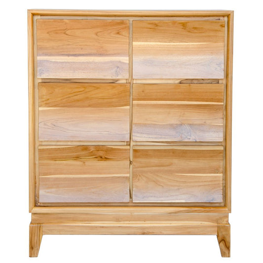 The Acadia 6 Drawer chest is crafted from solid teak. Its contemporary design gives off a timeless aesthetic. Featuring 6 drawers in a 2 wide x 3 height configuration. Colour natural. Measures 900 Width X 1100 Height X 500 Depth. Front Plain.