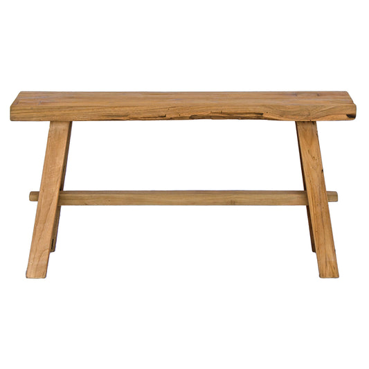 The Amchur 900 Bench is crafted from sustainable recycled teak. Features a solid plank top with A-Frame legs and centre support beam. Colour Natural Teak. Measures 900 Length x 250 Depth x 450 Height. Plain.