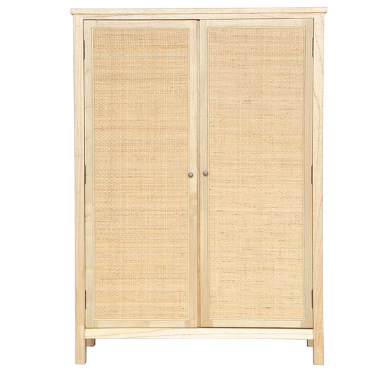 Aquarius 2 Door Cabinet. A refined storage solution designed for contemporary living. Crafted from Solid white cedar with a close rattan mesh door front. Colour Natural. Measures 1000 wide x 1400 height x 400 Depth. Front Plain.