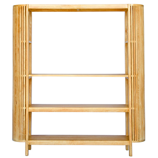 The Aries - Tall bookshelf is a coastal/contemporary designed piece. It features curved slated sides and and 3 shelves. Made from sustainable bleached fruitwood. Colour Natural. Measuring 1500 length X 330 depth X 1700 height. Front Plain.