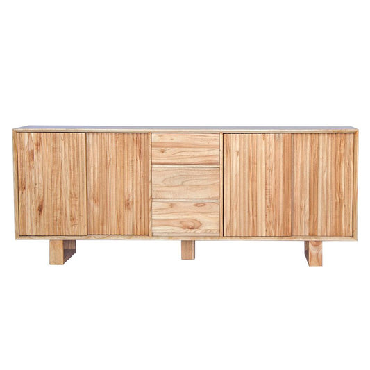 The Ashland 2 Sliding Door 3 Drawer - Natural Buffet - a Coastal Contemporary Teak Buffet. Featuring 2 sliding doors, and 3 drawers, supported by wooden runners. Measures 1800 Length X 400 Depth X 900 Height. Front.