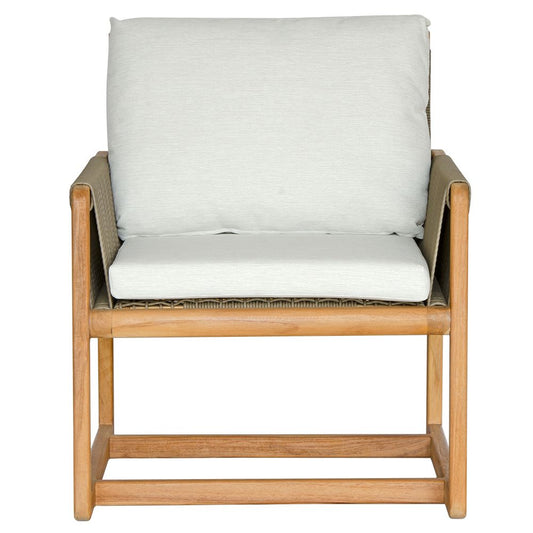 The Azalea Occasional Chair. Made with sustainable solid teak frame, with rope, and UV resistant cotton twill cushions. This occasional chair exudes style while providing comfort and durability. Measures 700 Wide X 700 Depth X 800 Back Height - 470 Seat Height. Front.