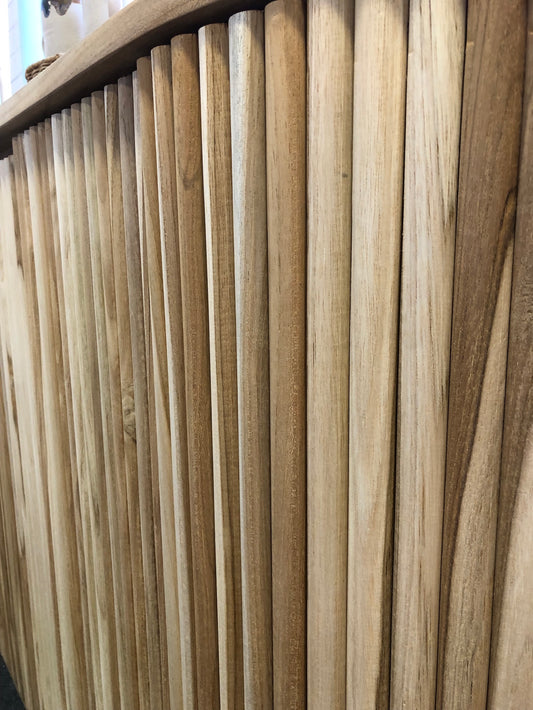 The Baker 2 Door Buffet. Feature a textured front with stylish curved ends. Ample storage. Colour Natural. Measures 1800 length x 900 height x 450 depth. Front Corner.