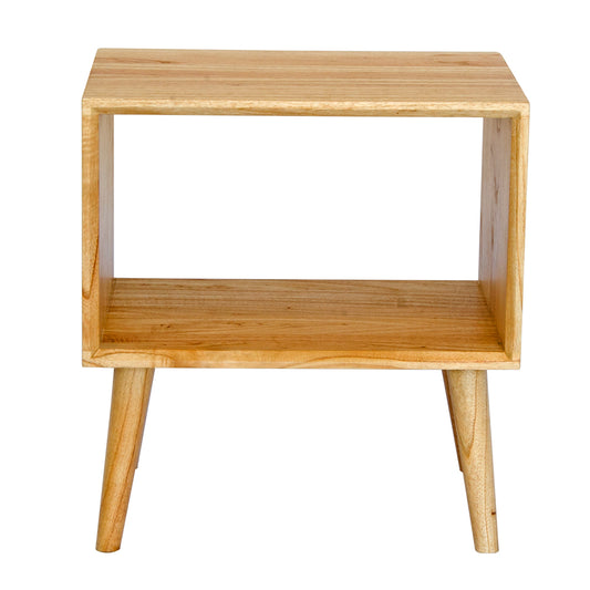The Bimberi Bedside is a modern open shelf nightstand. It is crafted from sustainable organic white cedar. Colour Natural. Measures 520 length X 400 depth X 560 height. Front Plain.