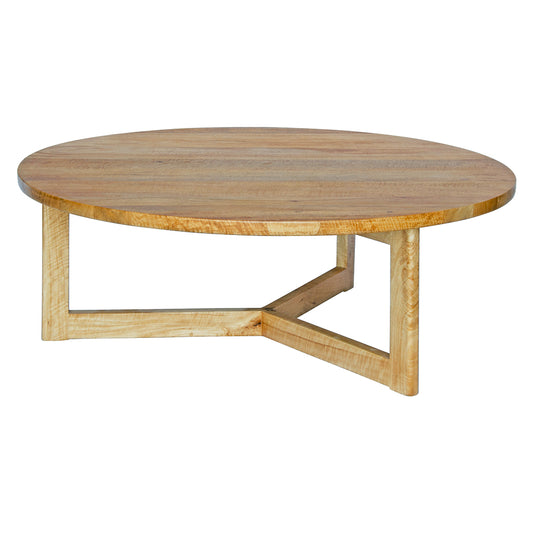The Bowie Coffee table is a contemporary styled 3 legged round coffee table. Crafted from sustainable fruitwood. Colour natural. Measures 1100 diameter X 400 height. Front Plain.