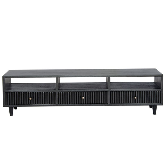 The Brando 3 Drawer Black Entertainment Unit is a modern/contemporary designed piece. It has 3 textured drawers and 3 open shelves. Crafted from sustainable white cedar. Colour black. Measures 1500 length X 400 depth X 400 height. Front Plain.