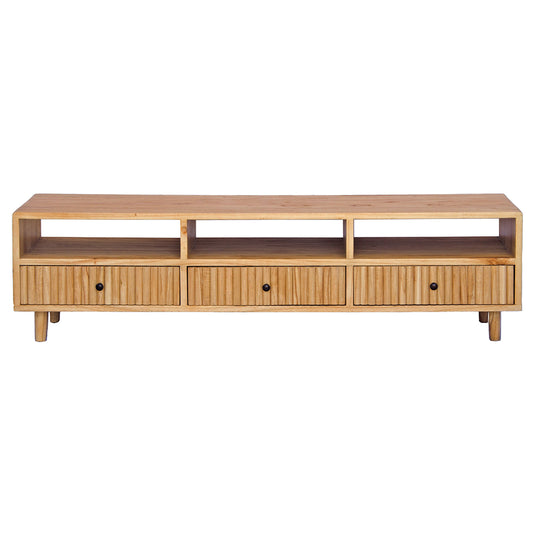 The Brando 3 Drawer Natural Entertainment Unit is a modern/contemporary designed piece. It has 3 textured drawers and 3 open shelves. Crafted from sustainable white cedar. Colour natural. Measures 1500 length X 400 depth X 400 height. Front Plain.