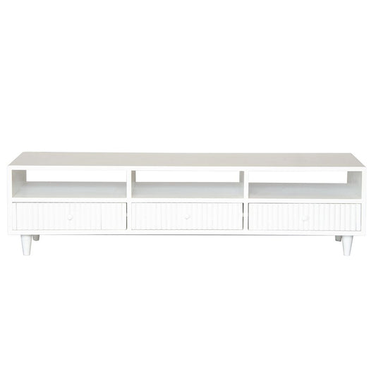 The Brando 3 Drawer White Entertainment Unit is a modern/contemporary designed piece. It has 3 textured drawers and 3 open shelves. Crafted from sustainable white cedar. Colour white. Measures 1500 length X 400 depth X 400 height. Front Plain.