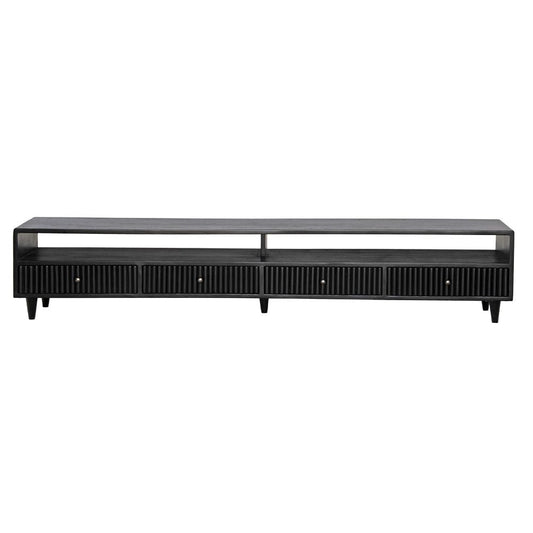 The Brando 4 Drawer Black Entertainment Unit is a modern/contemporary designed piece. It has 4 textured drawers and 2 open shelves. Crafted from sustainable white cedar. Colour black. Measures 2100 length X 400 depth X 400 height. Front Plain.