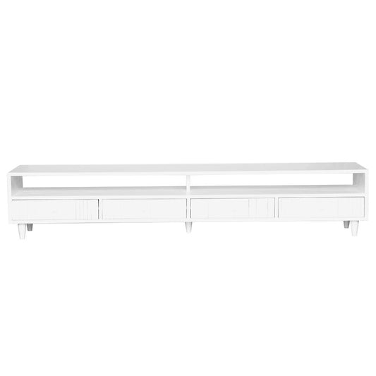 The Brando 4 Drawer White Entertainment Unit is a modern/contemporary designed piece. It has 4 textured drawers and 2 open shelves. Crafted from sustainable white cedar. Colour white. Measures 2100 length X 400 depth X 400 height. Front Plain.