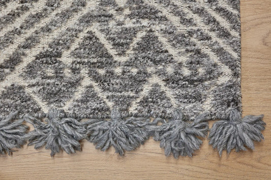 Brazil - Coca is a Boho Tribal Hand-Knotted Wool and Bamboo Silk Rug with a pile height of 7-9mm. Colours Grey with Cream. Sizes 160 X 230, 200 X 290, and 240 X 340. Corner.