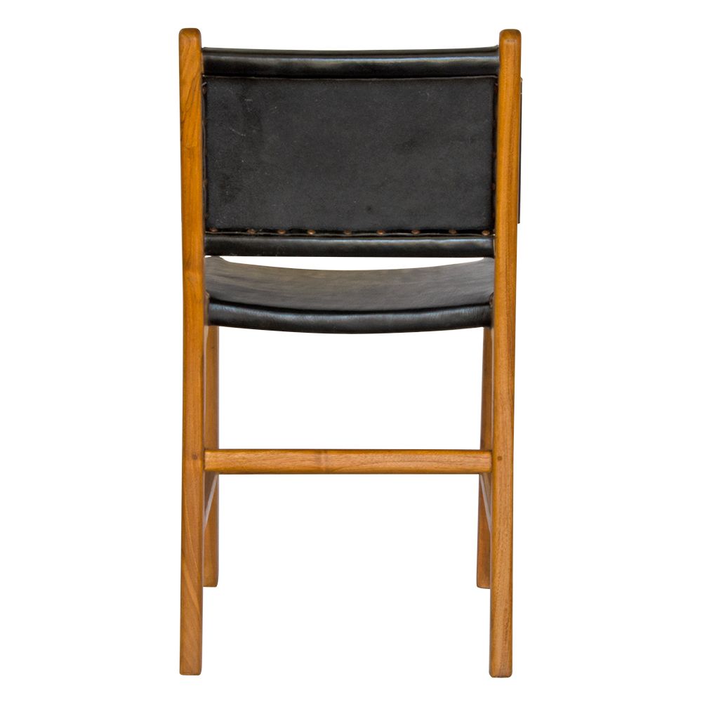 The Cherokee - Black Dining Chair is crafted from solid teak with a smooth black leather seat and back. Colours natural frame with black seat and back. Measures 560 Depth x 450 Wide x 500 Seat Height. Back height 820. Back.
