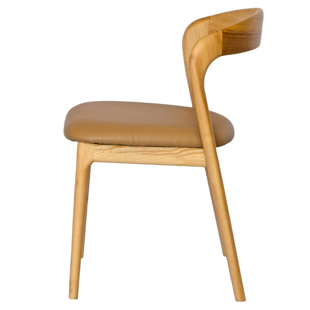 The Cheyenne Natural and Tan dining chair features a modern style and design. Crafted with a solid ash frame and a smooth padded tan polyurethane seat. Colour Natural Frame with Tan seat. Measures 500 wide X 520 depth X 460 Seat height. Back height 750. Side Plain.