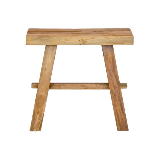 Chitose Rectangle Foot Stool. Handcrafted from durable, reclaimed teak, it adds a touch of rustic charm to any space and is built to last. Measures 500 Wide X 250 Depth X 450 Height. Front.