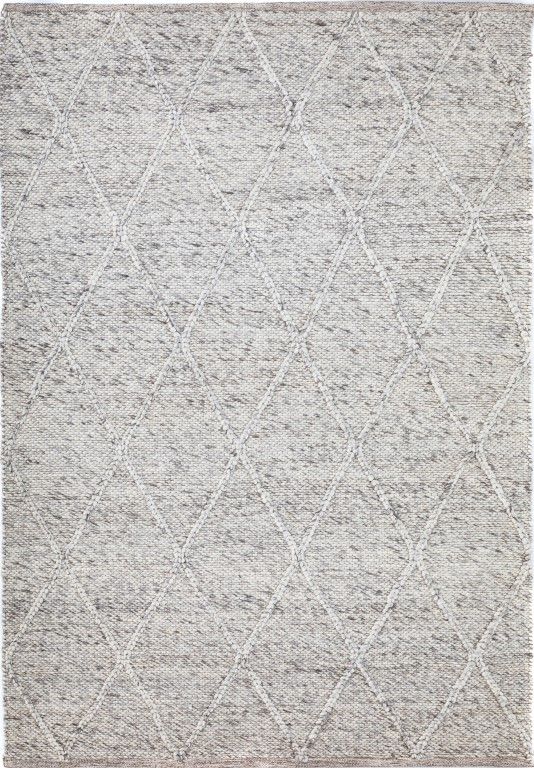 Colombo Light Grey hand-woven flatweave rug in a wool and polyester blend with a braided diamond pattern. Light grey. Full view.