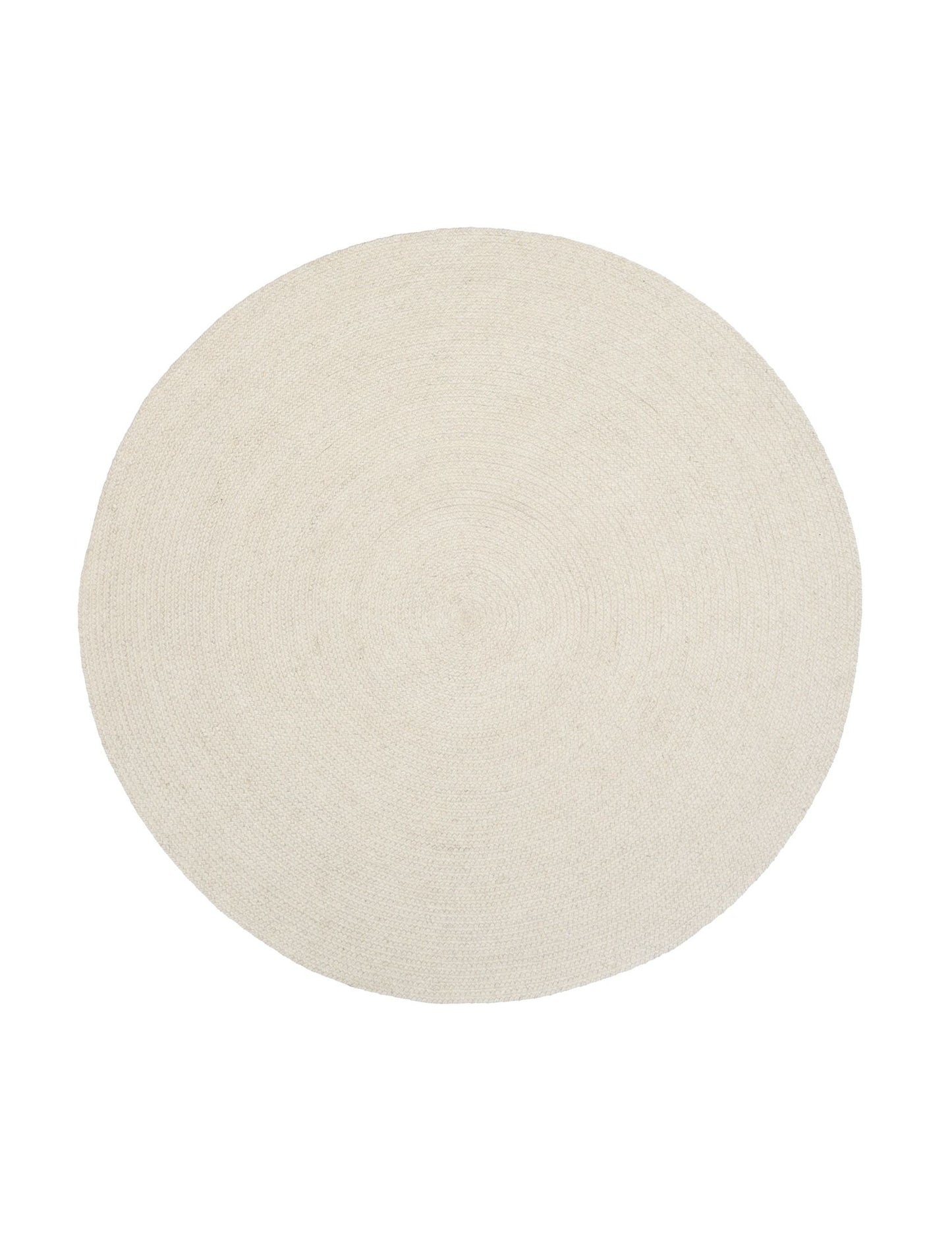 Cora Round Ivory Rug hand woven from 70% New Zealand wool and 30% viscose in a braided weave. Colour Ivory. 2 sizes, 200cm round and 250cm round. Top View.