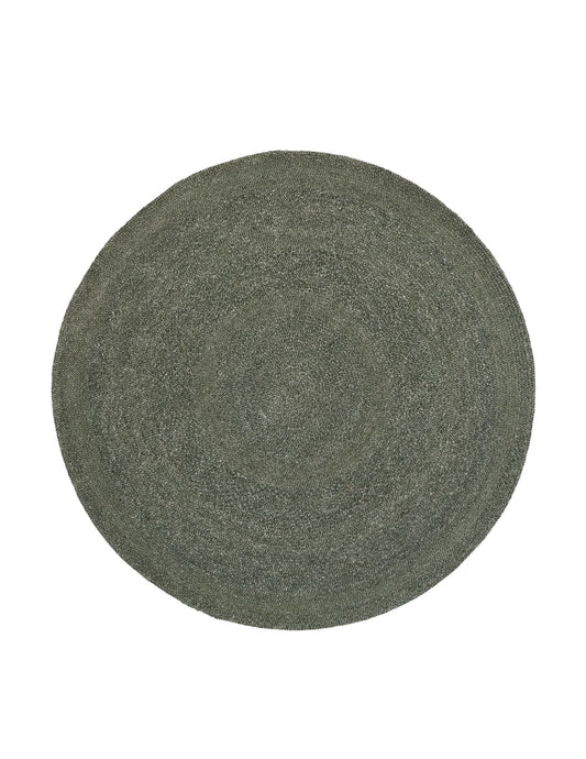 Cora Round Olive Rug hand woven from 70% New Zealand wool and 30% viscose in a braided weave. Colour Dark Olive. 2 sizes, 200cm round and 250cm round. Top View.