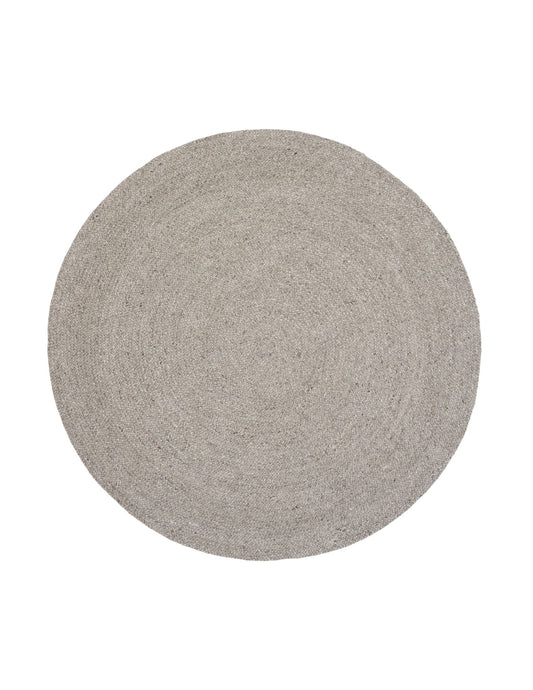 Cora Round Silver Rug hand woven from 70% New Zealand wool and 30% viscose in a braided weave. Colour Silver Grey. 2 sizes, 200cm round and 250cm round. Top View.