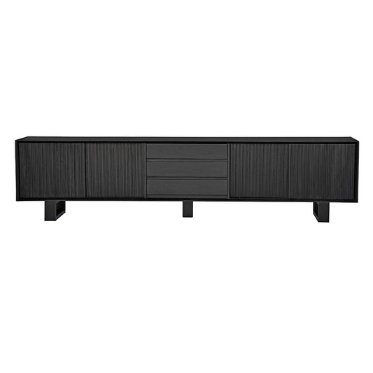 The Crosby Black Entertainment Unit, featuring 4 Sliding Doors and 3 drawers. This entertainment unit boasts a modern design and ample storage. Crafted from solid white cedar. Colour Black. Measures 2500 Length x 400 Depth x 600 Height. Front Plain.