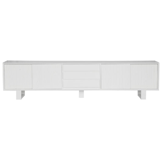 The Crosby White Entertainment Unit, featuring 4 Sliding Doors and 3 drawers. This entertainment unit boasts a modern design and ample storage. Crafted from solid white cedar. Colour White. Measures 2500 Length x 400 Depth x 600 Height. Front Plain.