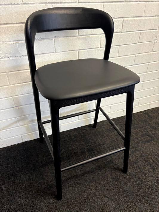 The Danube, with Back, Black Barstool. A blend of modern and contemporary style. Solid black ash frame with black polyurethane seat. Measures 470W X 450D X 670 Seat Height. Back Height 920. Angle.