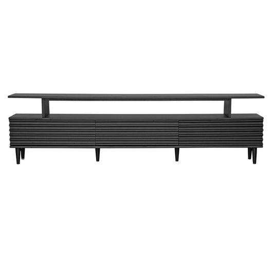 The Dean Black 2400 Entertainment Unit features a floating top shelf. With 3 textured drawers and stylish turned legs. Colour Black. Measures 2400 Length X 400 Depth X 650 Height. Plain.