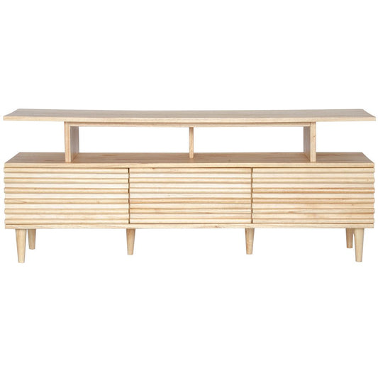 The Dean Natural 1600 Entertainment Unit features a floating top shelf. With 3 textured drawers and stylish turned legs. Colour Natural. Measures 1600 Length X 400 Depth X 650 Height. Front Plain.