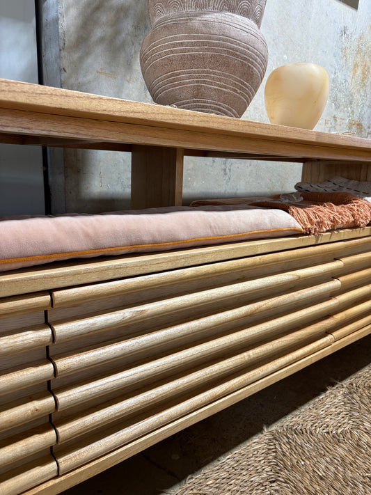 The Dean Natural 2000 Entertainment Unit features a floating top shelf. With 3 textured drawers and stylish turned legs. Colour Natural. Measures 2000 Length X 400 Depth X 650 Height. Close.