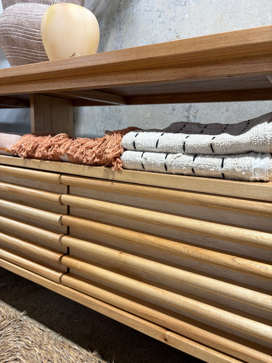 The Dean Natural 2400 Entertainment Unit features a floating top shelf. With 3 textured drawers and stylish turned legs. Colour Natural. Measures 2400 Length X 400 Depth X 650 Height. Close.