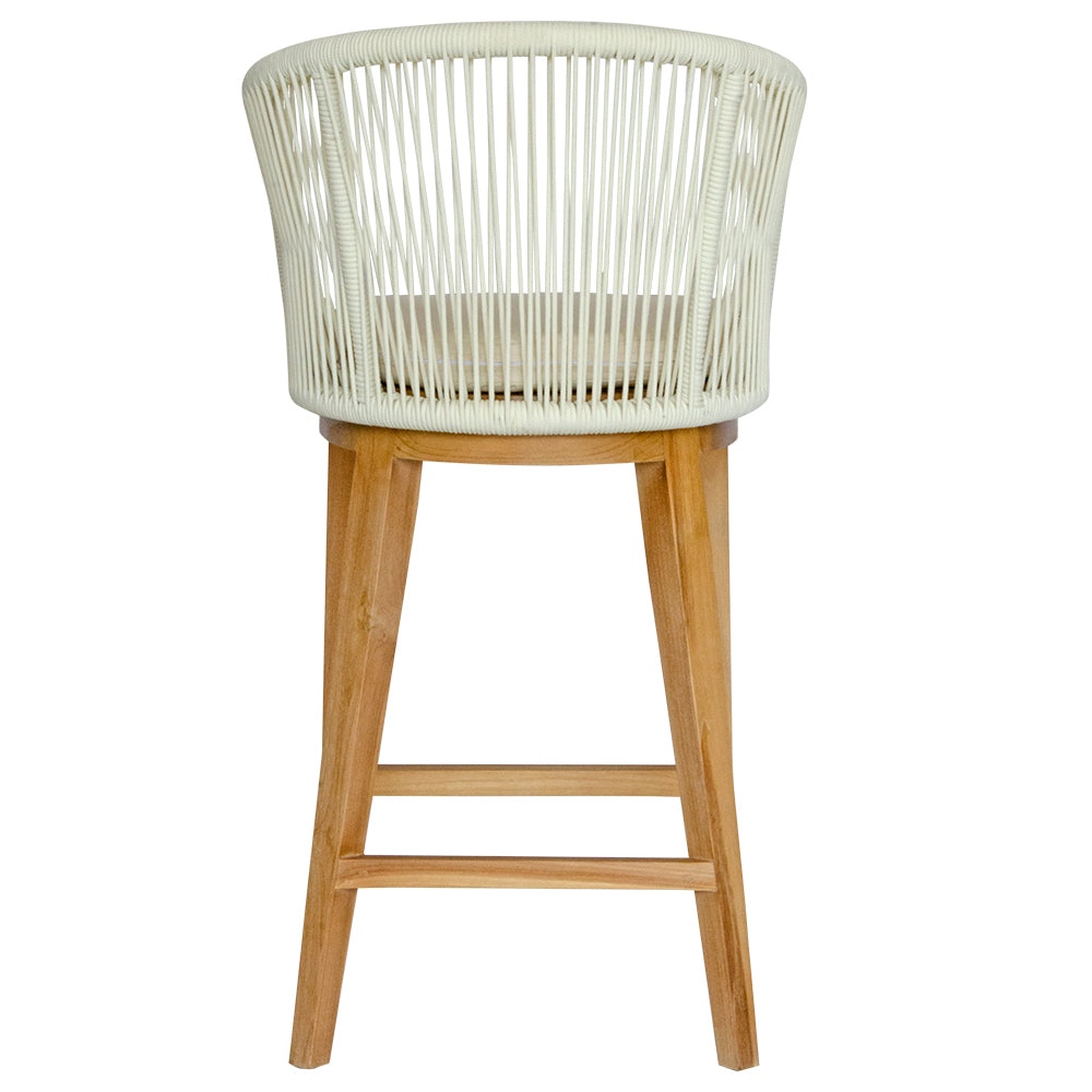 Deschutes with back barstool with solid teak wood frame,woven rope back and cotton twill seat cushion. Featuring a clean, minimalist design suitable for coastal and contemporary interiors. Measures 560 Wide X 450 Depth X 700 Seat Height X 1040 Back Height. Back Plain.