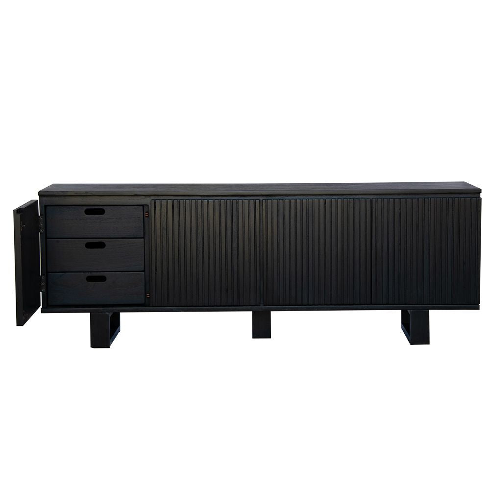 The Eastwood Black Entertainment Unit. 4 textured doors with smart storage behind the left door featuring 3 drawer. Colour Black. Measures 1800 wide X 400 depth x 650 height. Front Open Left Door.