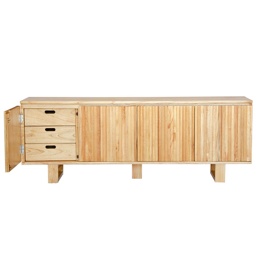 The Eastwood Natural Entertainment Unit. 4 textured doors with smart storage behind the left door featuring 3 drawer. Colour Natural. Measures 1800 wide X 400 depth x 650 height. Front Left Door Open.
