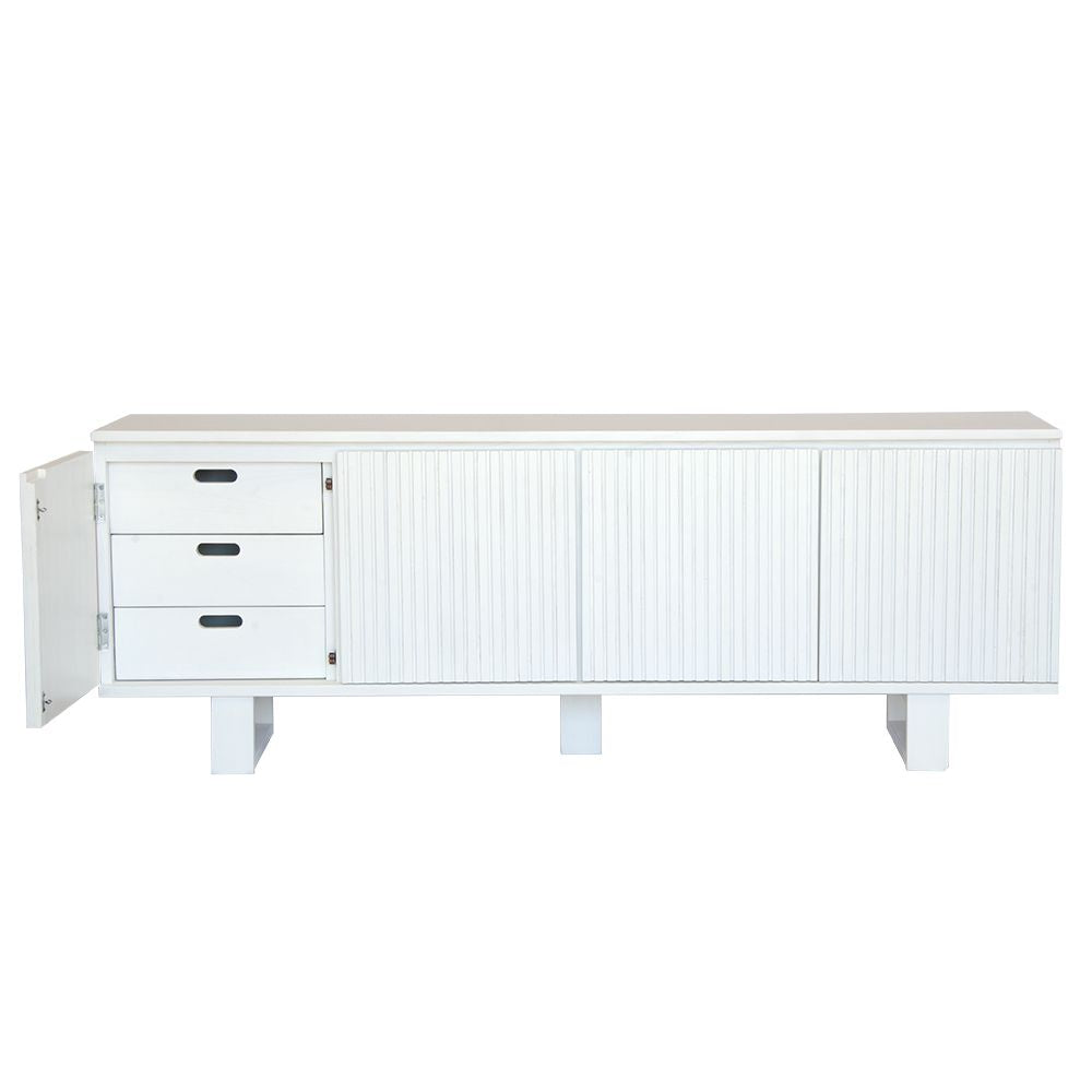 The Eastwood White Entertainment Unit. 4 textured doors with smart storage behind the left door featuring 3 drawer. Colour White. Measures 1800 wide X 400 depth x 650 height. Front Left Door Open.