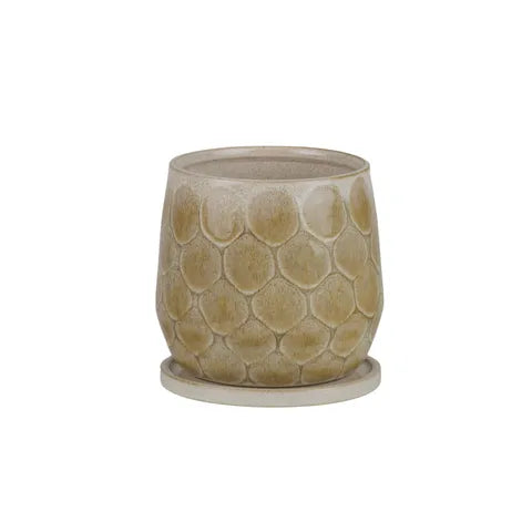 Eda Ceramic Pot - Small with Saucer, features a textured scale design. Includes a hole in the bottom and a saucer to collect any excess water. Colours, Natural and Beige. Size 19 height X 18 Diameter. Front Plain.