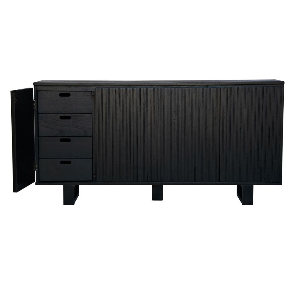The Florence Black Buffet. 4 textured doors with smart storage behind the left door featuring 4 drawers. Colour Black. Measures 1800 wide X 400 depth x 900 height. Front Open.