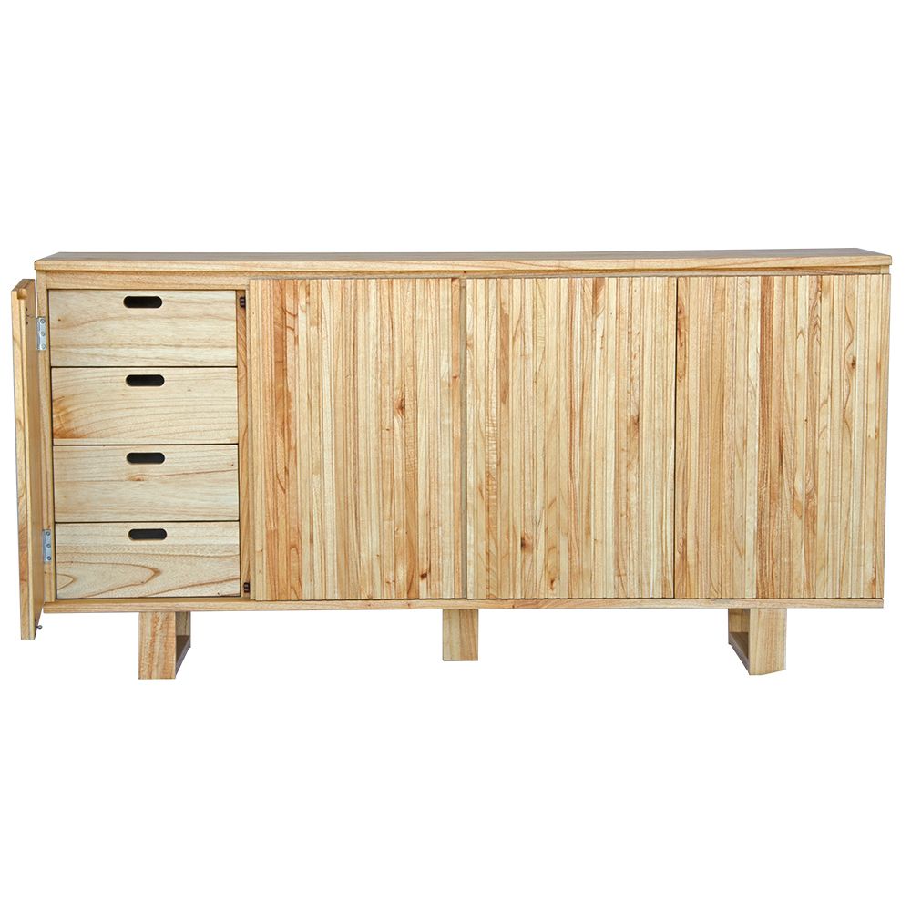 The Florence Natural Buffet. 4 textured doors with smart storage behind the left door featuring 4 drawers. Colour Natural. Measures 1800 wide X 400 depth x 900 height. Open.