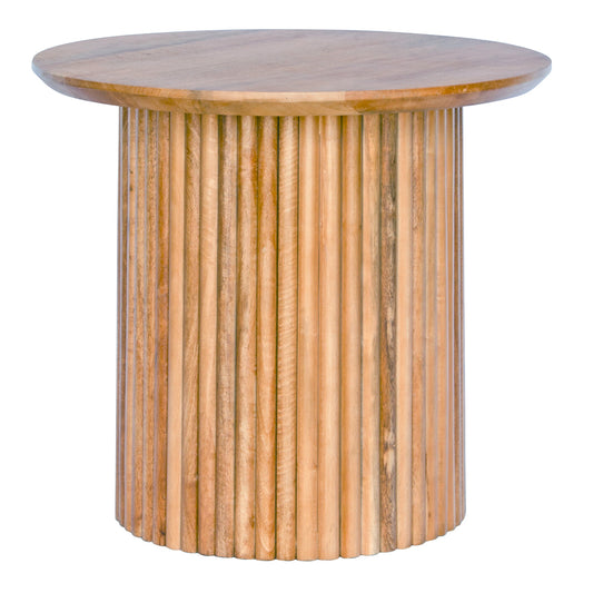 The Hakone Side Table features a contemporary textured round base and a smooth round top. Crafted from sustainable fruitwood. Colour natural. Measures 600 diameter X 550 height. Front Plain.