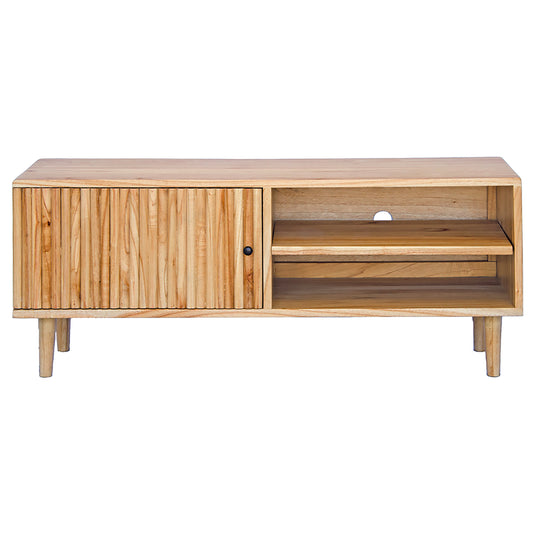 The Hepburn 1 Door Entertainment Unit is crafted from sustainable white cedar, featuring a textured door and an open shelf. Colour natural. Measures 1200 length X 360 depth X 500 height. Front Plain.