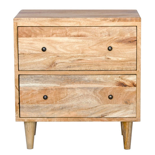 The Hood 2 Drawer Bedside is a contemporary designed nightstand. Crafted from fruitwood, it features 2 drawers with wooden drawer runners. Colour natural. Measures 610 wide X 400 depth X 660 height. Front Plain.