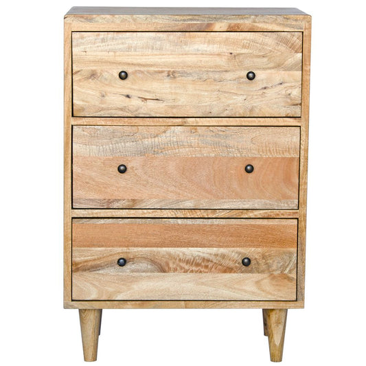 The Hood 3 Drawer Bedside is a contemporary designed nightstand. Crafted from fruitwood, it features 3 drawers with wooden drawer runners. Colour natural. Measures 610 wide X 400 depth X 900 height. Front Plain.