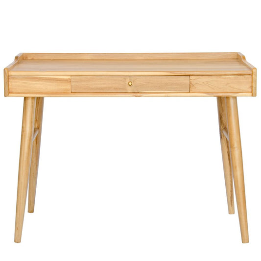 The Huron Desk - a beautifully crafted piece made from teak and supported by sleek, sturdy legs. Featuring 1 Drawer. Measures 1006 Length x 600 Depth x 750 Height. Colour Natural. Front plain.