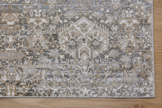Indus Grey is an exquisite traditional tribal design rug. It is machine made of luxurious Viscose and Polyester. Colours Beige, Brown,Grey and Cream accents. Sizes 160 X 230, 200 X 300 and 240 X 330. Corner.