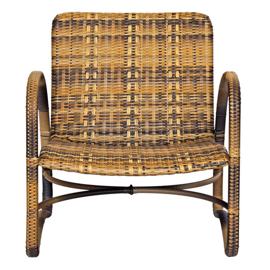 The Ivy Occasional Chair. With its coastal contemporary design, this occasional chair features a durable aluminium frame and synthetic rope weave. Colours, dark natural with a small blend of cream. Measures 720 wide X 800 height X 750 depth. Seat height 350. Arm height 640. Front Plain.