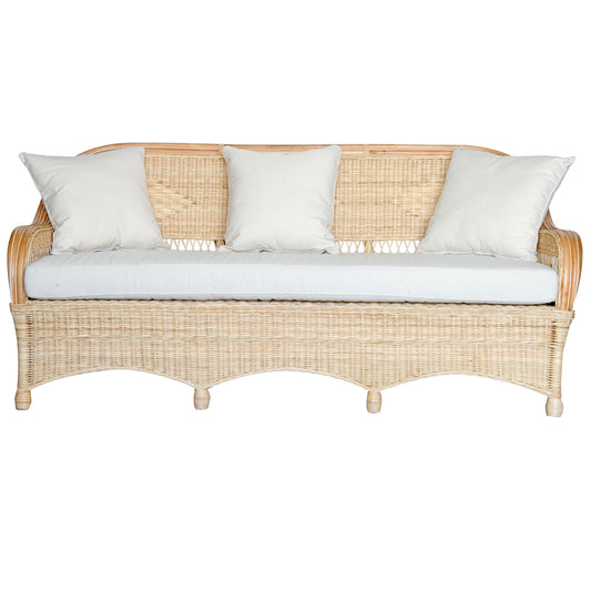 Kalahari Lounge, woven rattan sofa with UV resistant Cotton Twill seat and cushions. Measures 1950 wide X 600 Depth X 900 Height. Colour Natural rattan with white cushions. Front Plain. Ochoco Furniture Perth. Indoor-Outdoor Lounge Perth.