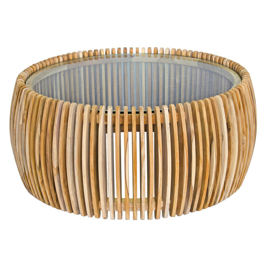 The Lennon Coffee Table is a contemporary round coffee table crafted with a sleek glass top and a slated teak base. Colour natural. Measures 900 diameter X 400 height. Front Plain.