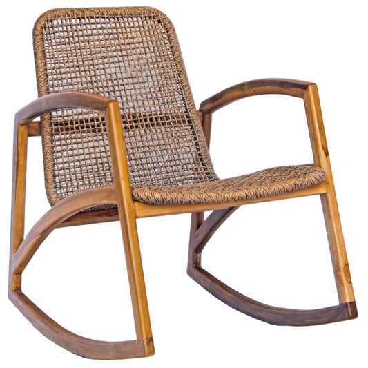The Lily Rocking Chair is the perfect blend of comfort and style. Made with a teak frame and a synthetic rope seat and back. Colour natural. Measures 610 Seat Height x 750 Depth. Angle Plain.