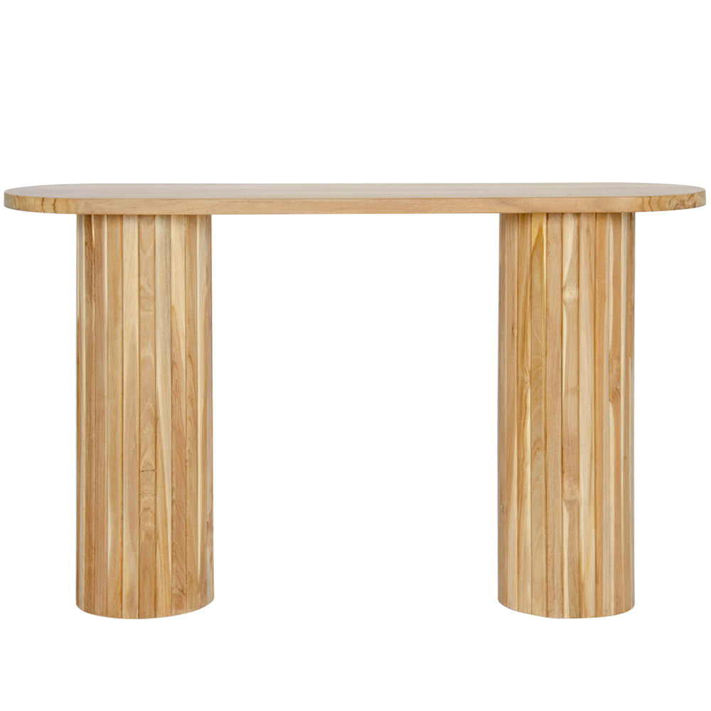 Lisbon console crafted from solid teak featuring textured cylindrical legs and solid top with rounded ends. Colour Natural Teak. Measures 1200 Wide X 350 Depth X 800 Height. Front Plain.