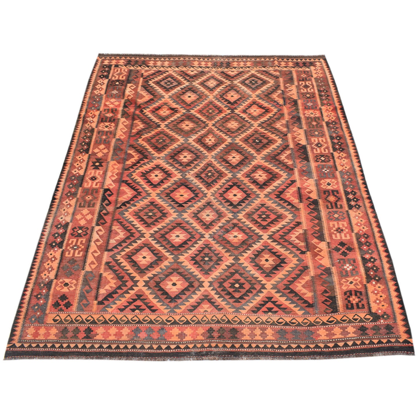 The Afghan Hand Woven Maimana Kilim - 251 X 344. Crafted from wool and featuring traditional Afghan weaving techniques. Colours, red, orange, black. Size 251 wide X 344 long. Front Plain.