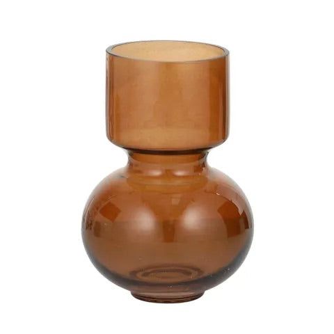 The Mallory Glass Vase, a modern/contemporary designed piece. Features a bulbed bottom and a cylindrical top. Colour, Amber. Measures 14 Diameter X 20 Height. Front Plain.