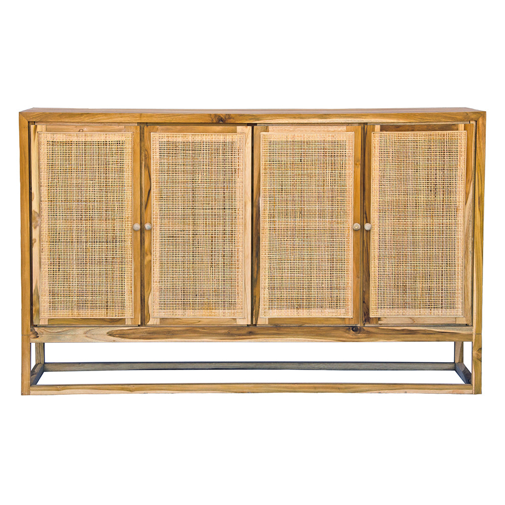 The Manzanita 4 Door Buffet is a contemporary and coastal four-door sideboard crafted from sustainable teak. The sideboard features open mesh rattan doors. Colour natural. Measures 1500 length X 400 depth X 950 height. Front Plain.